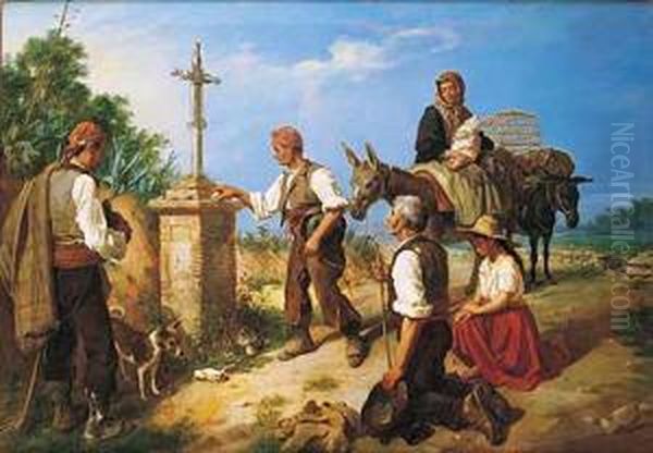 Campesinos Rezando En El Camino Oil Painting by Manuel Cabral Aguado Y Bejarano