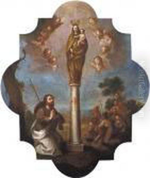 Apostol Santiago Adorando A La 
Virgen Con El Nino En La Columna, Sobre Un Fondo De Paisaje Con Una 
Ciudad Y Un Grupo De Peregrinos Oil Painting by Miguel Cabrera