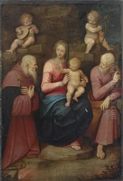 The Holy Family With Saint Anthony Abbot And Angels Oil Painting by Guglielmo Caccia