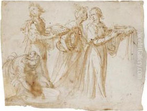 Studies Of Four Women Carrying Vessels At The Scene Of A Birth Oil Painting by Guglielmo Caccia