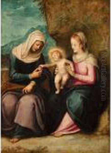 The Madonna And Child With Saint Anne In A Landscape Oil Painting by Guglielmo Caccia