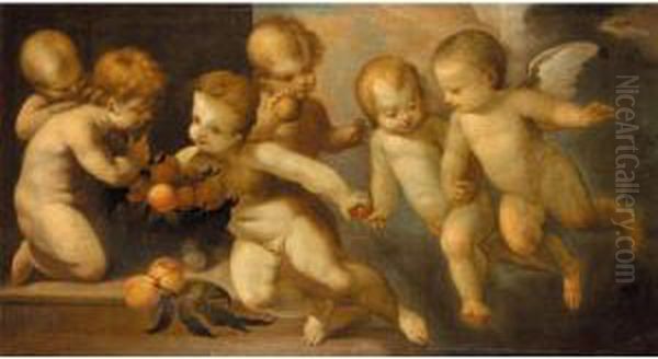 Putti Playing With A Basket Of Peaches Oil Painting by Guglielmo Caccia