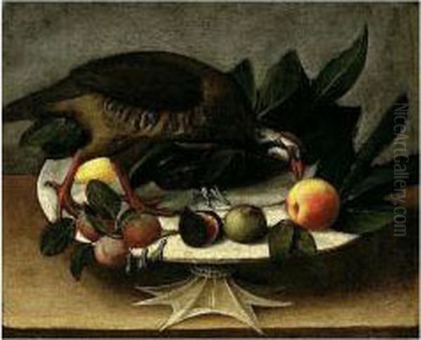 A Still Life Of Figs, Plums And A Peach, On A Footed Dish, With A Partridge Oil Painting by Orsola Maddalena Caccia