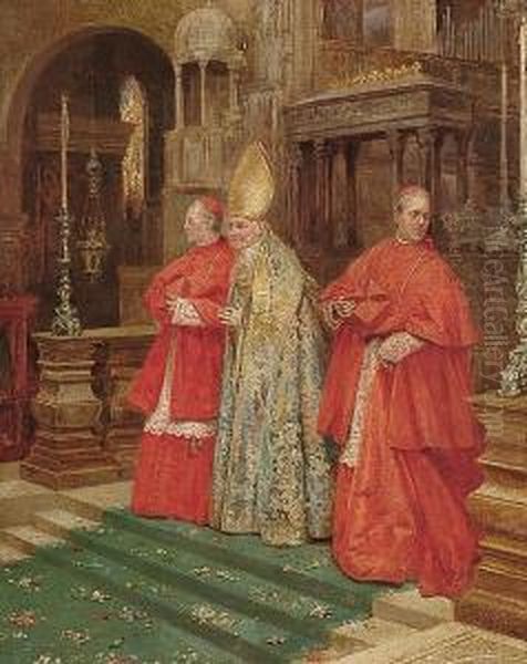 A Bishop Flanked By Two Cardinals Oil Painting by Umberto Cacciarelli