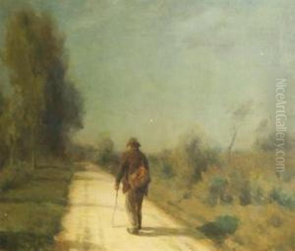 French, - Man On A Sunlitpath Oil Painting by Francois Charles Cachoud