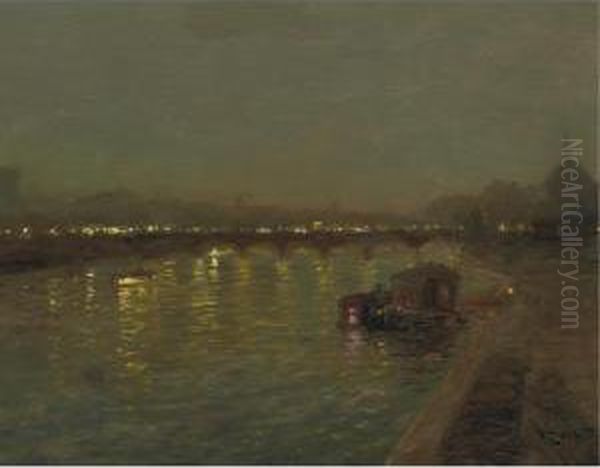 Lights On The Saint Peres Bridge, Paris Oil Painting by Francois Charles Cachoud