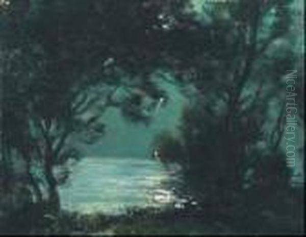 Lac D'aiguebelle, Sous La Lune Oil Painting by Francois Charles Cachoud