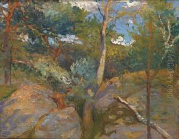 Rochers Et Arbres Dans La Foret De Fontainebleau Oil Painting by Eugene Cadel