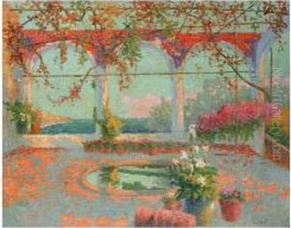 Terrace With Flowers Overlooking The Sea Oil Painting by Eugene Cadel