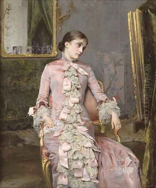 Seated woman in pink Oil Painting by Rogelio De Egusquiza Barrena