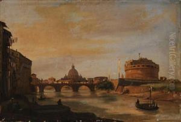 Veduta Di Roma Dal Tevere Sullo Sfondo Di San Pietro E Castel Sant'angelo Oil Painting by Ippolito Caffi