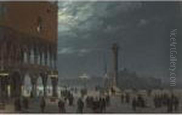 Moonlight View Of The Piazzetta, Venice Oil Painting by Ippolito Caffi