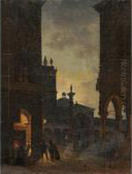 Notturno In Piazza Vittorio, Udine Oil Painting by Ippolito Caffi