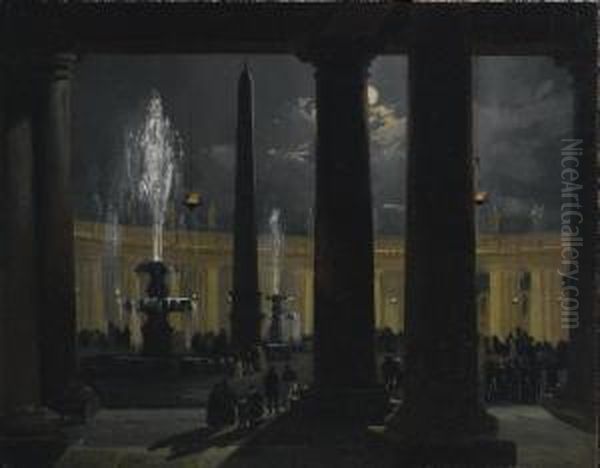 Piazza San Pietro Al Chiaro Di Luna, Roma Oil Painting by Ippolito Caffi