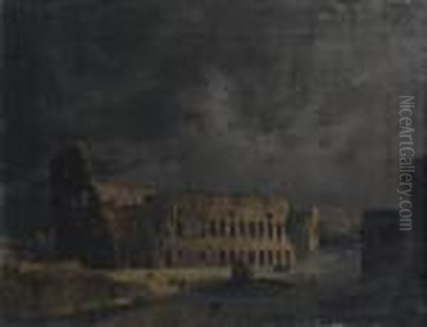 Veduta Notturna Del Colosseo, Roma Oil Painting by Ippolito Caffi