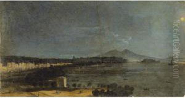 Vue De Naples La Nuit [ ; View 
Of Naples By Night ; Oil On Paper Signed Lower Right Caffi] by Ippolito Caffi