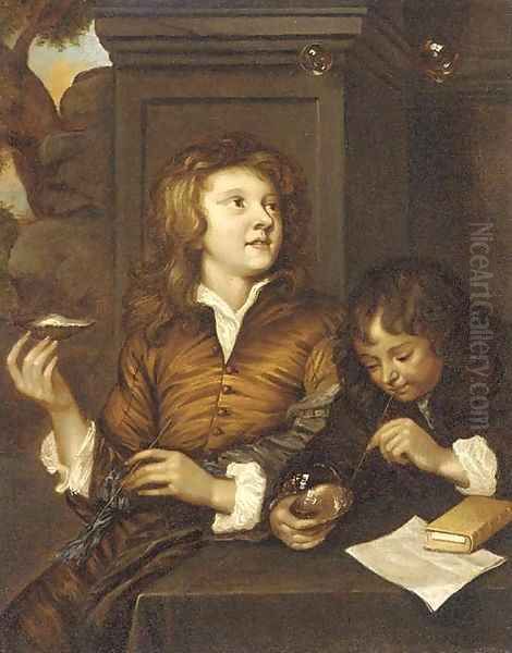 Two boys blowing bubbles from oyster shells Oil Painting by Arnold Boonen