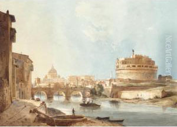 View Of The Castel Sant' Angelo And St Peter's, Rome Oil Painting by Ippolito Caffi