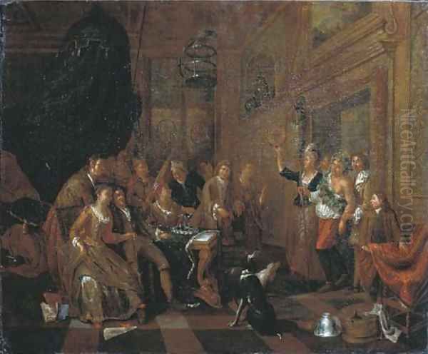 Elegant company feasting in an interior, a man dressed as Bacchus entering the room Oil Painting by Balthasar Van Den Bossche