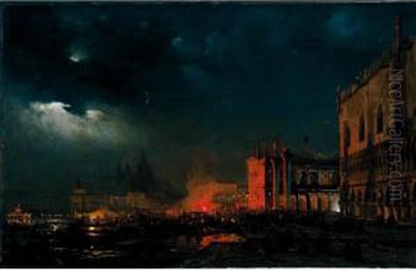 Festa Notturna Sul Molo Di San 
Marco In Occasione Dei Festeggiamenti Per L'arciduca Massimiliano 
D'asburgo Oil Painting by Ippolito Caffi