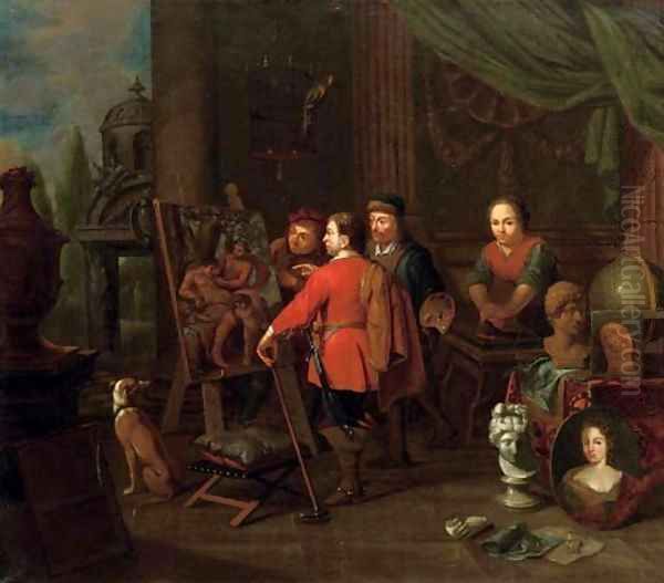 An artist's studio with an elegant man inspecting a painting Oil Painting by Balthasar Van Den Bossche