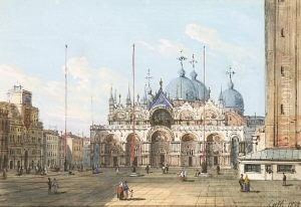 Venedig - Blick Uber Den
 Markusplatz Auf Den Markusdom. Oil Painting by Ippolito Caffi