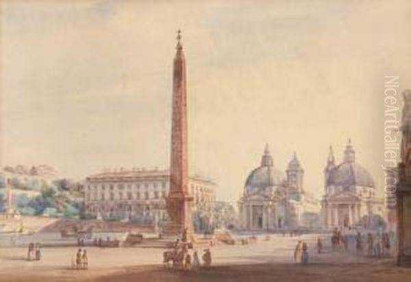 The Piazza Del Popolo, Rome Oil Painting by Ippolito Caffi