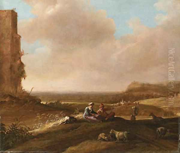 A Shepherd and Shepherdess with a Dog and Sheep in an extensive Landscape Oil Painting by Bartholomeus Breenbergh