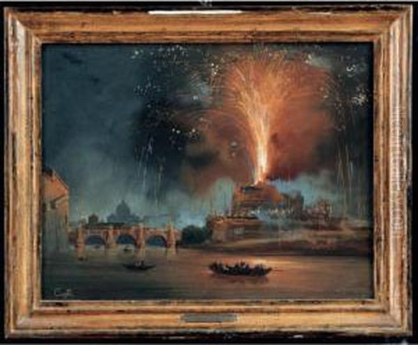 Roma, Veduta Notturna Del Castel Sant'angelo Con Fuochi D'artificio Oil Painting by Ippolito Caffi