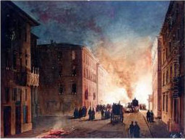 A Fire In A Roman Street Oil Painting by Ippolito Caffi