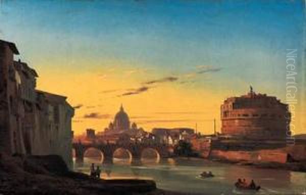 The Ponte Sant'angelo And The 
Castel Sant'angelo With The Dome Ofst. Peters In The Background Oil Painting by Ippolito Caffi