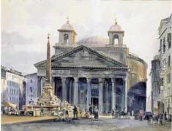 Vue Du Pantheon A Rome Oil Painting by Ippolito Caffi