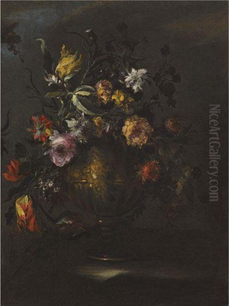 A Still Life Of Roses, Tulips And Other Flowers In A Bronze Vase Ona Stone Ledge Oil Painting by Margherita Caffi