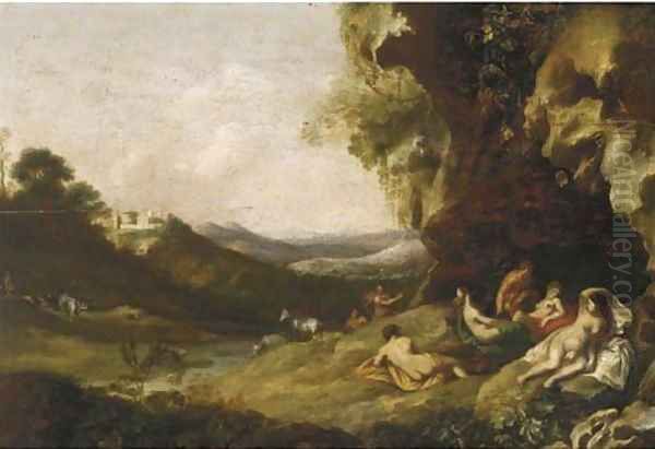 A classical landscape with nymphs and satyrs in a grotto Oil Painting by Bartholomeus Breenbergh