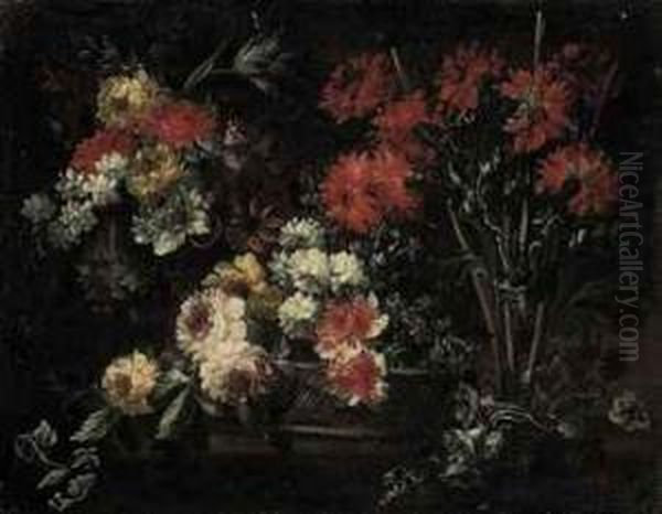 Roses, Chrysanthemums And Other 
Flowers In A Wicker Basket,carnations, Roses, Narcissi And Other Flowers
 On A Stoneledge Oil Painting by Margherita Caffi