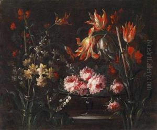 Rosen Undtulpen In Einer Glasernen Schale; Rose E Tulipani In Una Tazza Divetro Oil Painting by Margherita Caffi