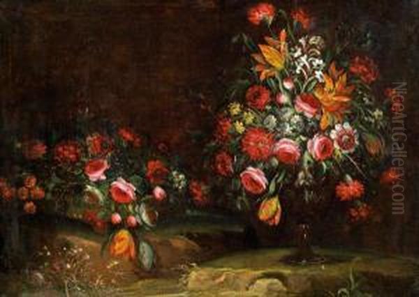 Stillleben Mit Blumen In Einem Korb Und Blumenstraus Oil Painting by Margherita Caffi