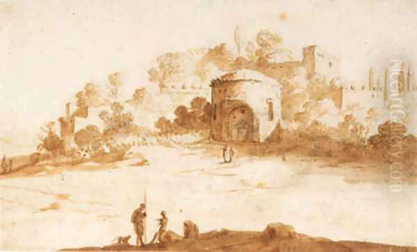 Figures outside a Roman city Oil Painting by Bartholomeus Breenbergh