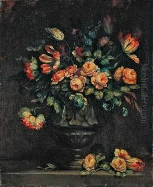 Blumenstillleben Mit Rosen, Nelken, Tulpen, Rittersporn Und Anderen Blumen. Oil Painting by Margherita Caffi