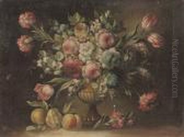 Roses, Tulips, Morning Glory And
 Other Flowers In A Sculpted Urn On A Stone Ledge With Pears; And Parrot
 Tulips, Carnations, Roses And Other Flowers In A Sculpted Urn On A 
Stone Ledge With Peaches And Pears Oil Painting by Margherita Caffi