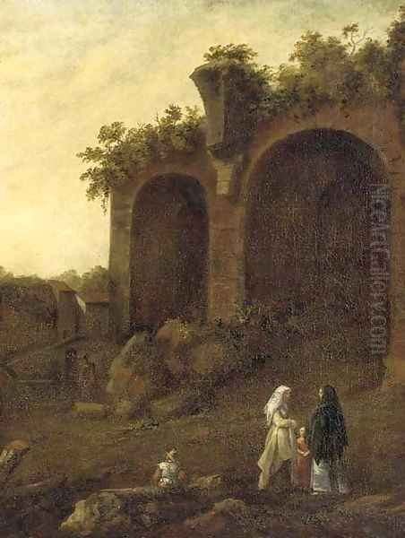 Figures conversing before classical ruins Oil Painting by Bartholomeus Breenbergh