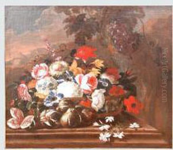 Cesto Con Rose,ortensie, 
Narcisi, Papaveri E Altri Fiori Con Fichi E Uva Su Untavolo In Plein Air Oil Painting by Margherita Caffi