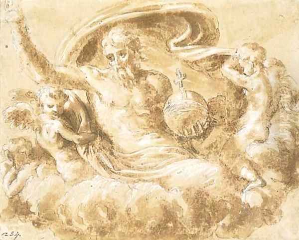 God the Father holding an orb, attended by angels Oil Painting by Bartolommeo Ramenghi The Elder, Il Bagnacavallo