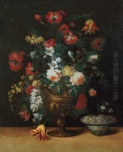 Blumenstilleben. Neben Einer 
Vase Mit Blumen Eine Schale Mit Blutenblattern. Ol Auf Leinwand 
(doubliert). H 91,5; B 74 Cm. Gutachten (in Photokopie) S. Segal (