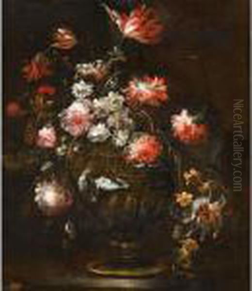 Still Life With Roses, Tulips And Various Other Flowers In A Bronze Vase Oil Painting by Margherita Caffi