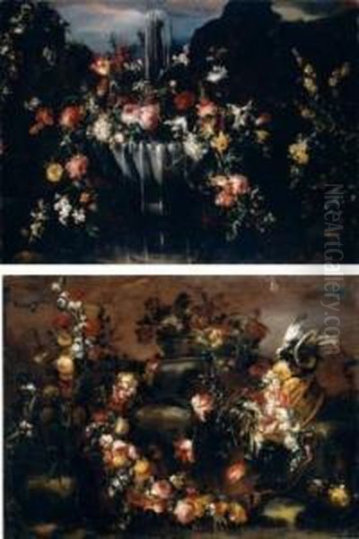 Various Flowers Beside A Fountain (#) Garland And Baskets Of Flowers Oil Painting by Margherita Caffi