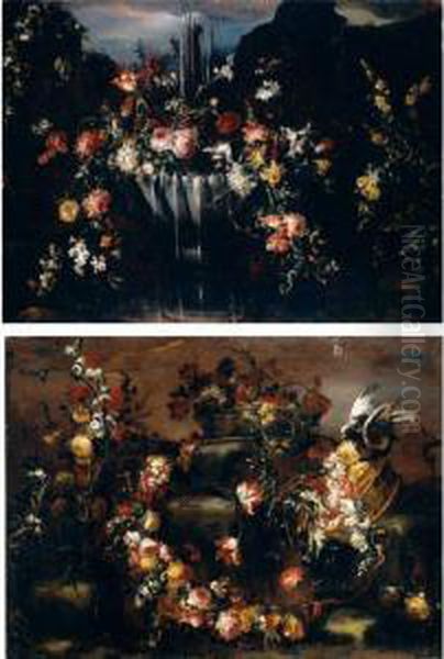 Still Life Of Various Flowers Beside A Fountain Oil Painting by Margherita Caffi