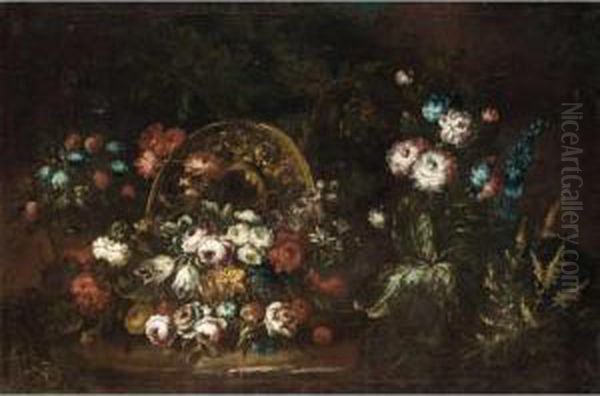 Still Life With Various Flowers Together With A Bronze Urn In A Landscape Oil Painting by Margherita Caffi