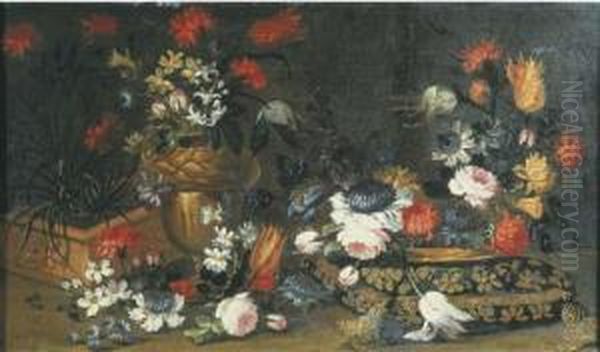 Roses, Tulips And Other Flowers 
In A Terracotta Pot, In A Bronzeornamental Urn And In A Gilt Dish On A 
Cushion Oil Painting by Margherita Caffi