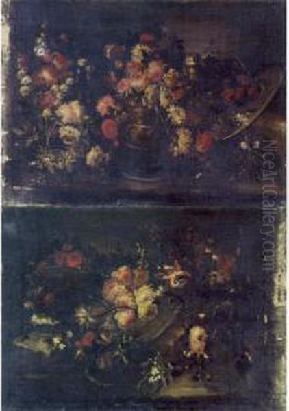 A Still Life Of Flowers In A 
Basket And A Still Life Of Flowers In A Bronze Urn: A Pair Of Paintings Oil Painting by Margherita Caffi